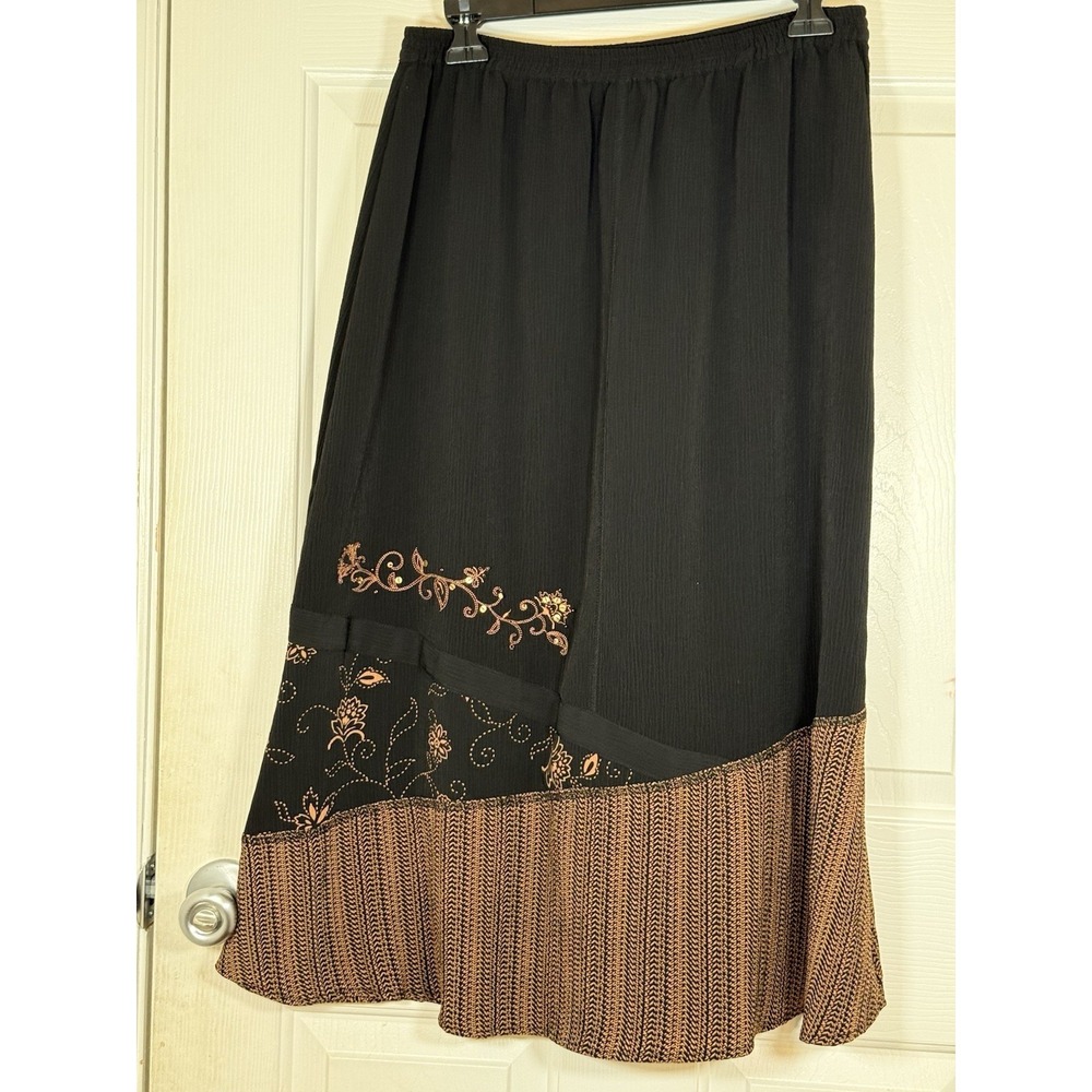 Vtg M Bon Wort Whimsical Brown Floral Embroidery Black Elastic Waist Midi Skirt